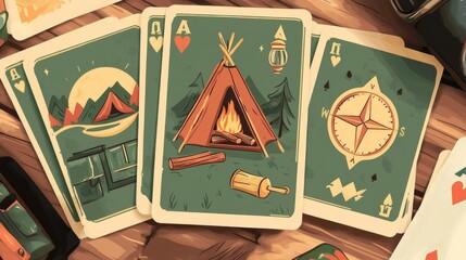 Adventure gear playing cards with outdoor symbols and earthy colors