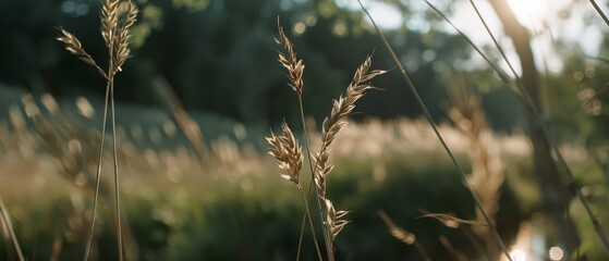 Fototapeta premium Sunlight dances across golden grasses in a tranquil meadow, whispering tales of nature's gentle rhythms and the serene passage of time.