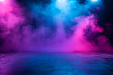 Fototapeta premium The dark stage shows, empty dark blue, purple, pink background, neon light, spotlights, The asphalt floor and studio room with smoke float up the interior texture for display products
