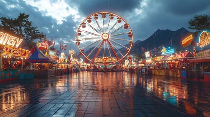 3d rendering of carnival Ferris wheel on a cloudy day surrounded by colorful booths and banners with soft light reflecting off the clouds capturing the festive energy with no people