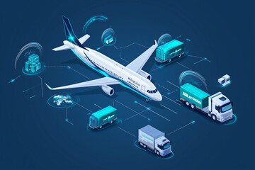 Airplane, trucks, and containers connected by digital network.