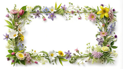 Rectangular frame surrounded by colorful arrangement of wild flowers and foliage. Ideal for invitation, card, wedding, quotes, mock up