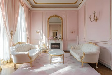 create a baby pink elegant room with a gold frame in the middle