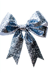 Shiny blue glitter bow, white isolate background