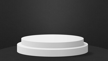Black background. realistic white cylinder pedestal podium. vector rendering geometric forms design. minimal scene. production stage showcase, mockup product display.