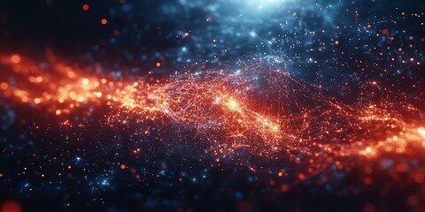 Obraz premium Abstract cosmic scene with glowing particles and waves.