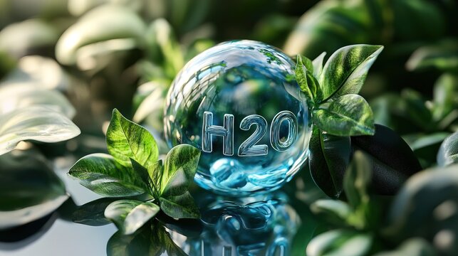 Circle icon. 3D glass ball icon. Glass ball wrapped in green leaves "H20" text 