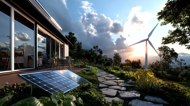 Eco-friendly home with solar panels and windmill