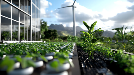 Green plants with wind turbine in background