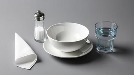 Simple white bowl on a gray background with a salt shaker, glass of water, and white napkin