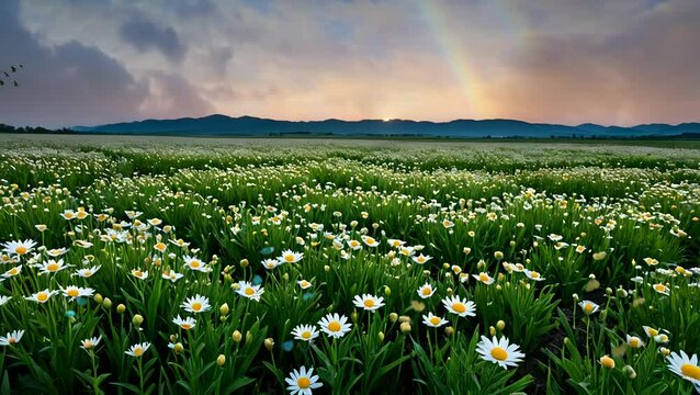 Sunset over a field of blooming daisies with soft colors and a serene atmosphere, highlighting nature&rsquo;s beauty and tranquility