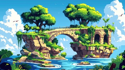 Stone Bridge Connecting Two Cliffside Islands with Lush Greenery