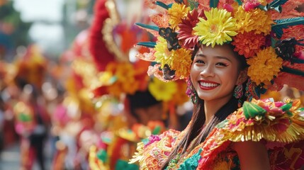 A vibrant festival scene featuring a smiling participant in colorful attire and floral decorations.