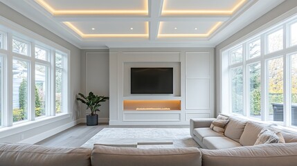 Modern living room with large windows and minimalist design.