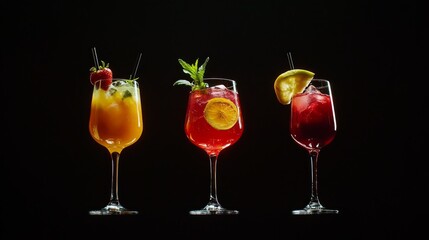 Three colorful cocktails in tall glasses with garnishes on a black background.