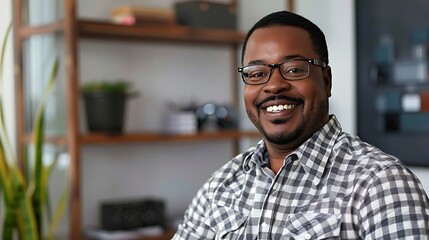 Obraz premium Happy African American Man Smiling in Home Office, Business Theme, Home Office, Smiling