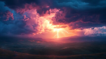 Fototapeta premium A dramatic storm scene featuring a cloud-to-ground lightning strike over a hilly landscape, with the bolt illuminating the entire sky. The hills are clearly visible in the bright light,