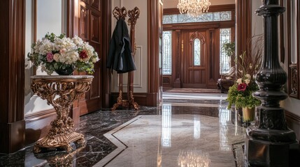 Victorian entryway featuring polished marble flooring
