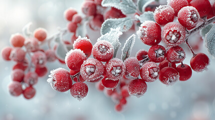 close up of Frost-covered red berries in the cold of winter