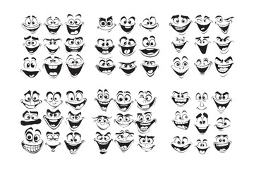 Funny face vector silhouette, cartoon mascot characters funny faces 50s 60s old animation eyes and mouths elements