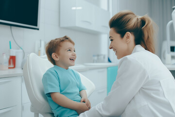 Fototapeta premium A young boy is sitting in a dentist's chair with a woman sitting next to him