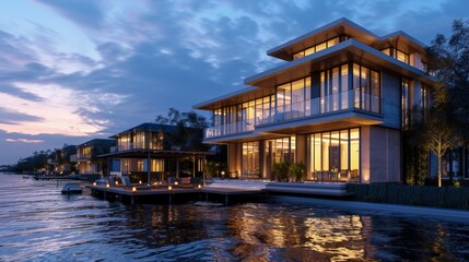 3d rendering of modern house by the river at morning, house, luxury, villa, modern, architecture, building, exterior, residential, property, designer