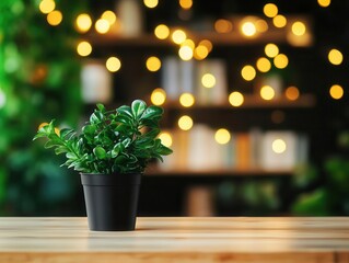 Cozy coffee shop table with plants and books on a nearby shelf, magical bokeh lights softly glowing in the background Midangle view, soft light, inviting ambiance