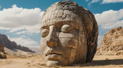 Fototapeta premium A massive stone statue half-buried in desert sand, its face worn smooth by time, with only fragments of its original grandeur remaining
