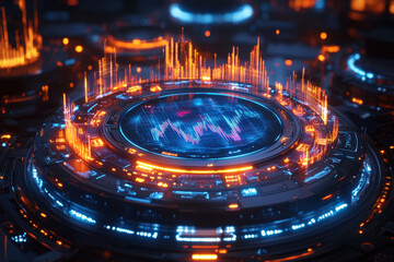 Futuristic Digital Interface with Holographic Display and Data Visualization