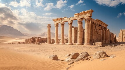A ruined ancient temple standing alone in the desert, with broken columns and weathered stone walls contrasting against the smooth dunes