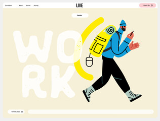 Creative workspace, modern flat vector concept illustration of a man working hiking with a backpack and phone, Remote work, flexibility, independence, efficiency, mobility, synergy, freedom