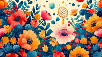 Floral pickleball paddles seamless pattern with balls, flowers. Vector summer game repeat background. Female tennis print in pastel colors, wallpaper, textile, fabric, wrapping paper