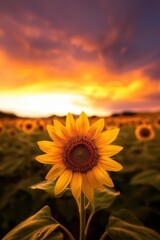 Obraz premium Sunflower field bathed in golden sunset light, with a dramatic sky painted in shades of orange and purple Wideangle view capturing the beauty of nature, tranquil setting