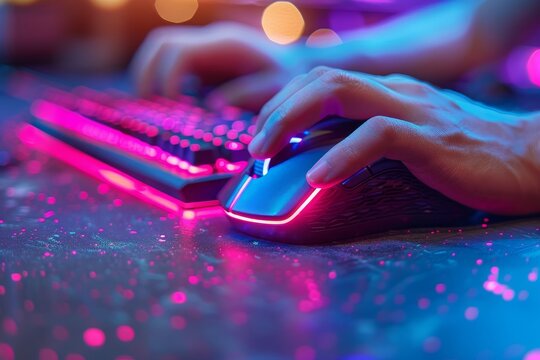 Close up of pro gamer s hands at pvp arena tournament in gaming lounge playing fps game