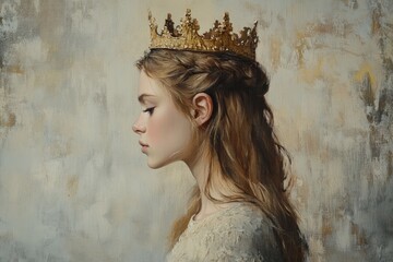 A beautiful woman wearing an elegant crown, profile portrait, oil painting style, light gray and beige background