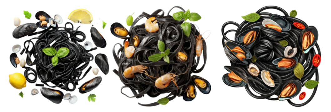 Black Squid Ink pasta Spaghetti with seafood isolated on white background set for restaurant menu