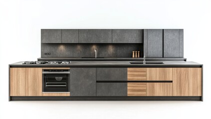 Fototapeta premium Modern kitchen interior with gray and wooden cabinets, island countertop, built-in oven, isolated on a white background.