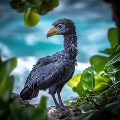 Obraz premium Black-Footed Booby Bird Standing on a Rock with Blue Water Background