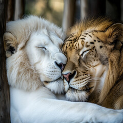 Naklejka premium A portrait in which a family of lions embraces each other