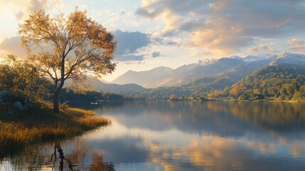 Fototapeta premium Serene Lake at Sunrise with Majestic Mountains