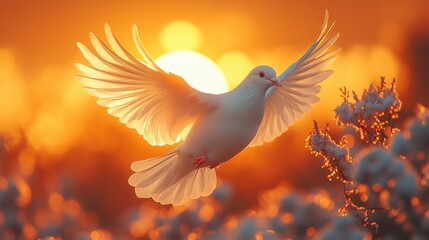 Beautiful White Dove Flying with Open Wings Against a Sunrise Background, Concept of Freedom and Peace, 8K Resolution, High Detail, Super Resolution, Cinematic Lighting, Bright Light, Sharp Focus, Hyp