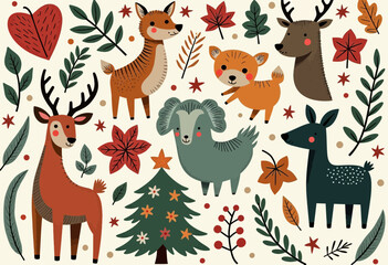 Fototapeta premium Unique Christmas Pattern Blending Animals and Leaves for a Creative Holiday Spirit in Your Designs