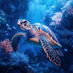 Fototapeta premium Sea Turtle Swimming Through Vibrant Coral Reef, Underwater Photography