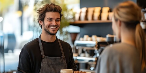 Smiling barista handing coffee to a customer, creating a warm and friendly atmosphere in a cozy café. A moment of connection and service.
