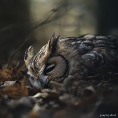 Obraz premium Long-eared Owl Playing Dead Among Autumn Leaves.