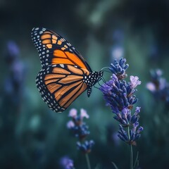 Fototapeta premium Monarch Butterfly on Lavender Flower in Nature - Close Up Photography.