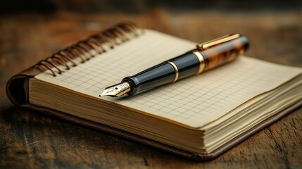 Close-up of pen and writing in notebook at desk
