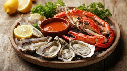 Fresh Seafood Platter with Lemons and Dipping Sauce