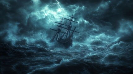 A massive storm at sea, with a ship struggling to navigate through towering waves. The sky is dark with swirling clouds, and lightning flashes across the horizon.