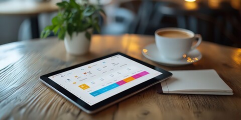 tablet rests on a wooden table, displaying a colorful e-learning dashboard, emphasizing digital education and interactive learning platforms.